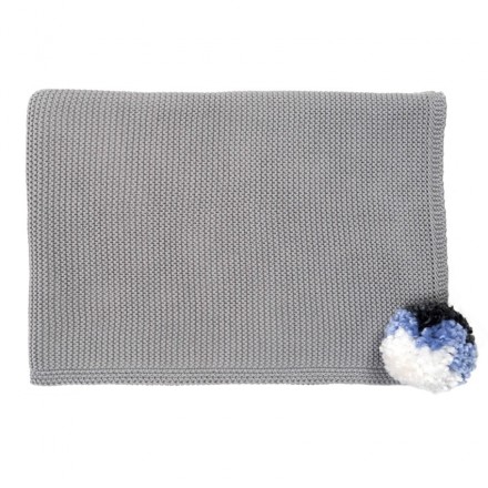 Knitted Kid's Blanket, Grey Pompom