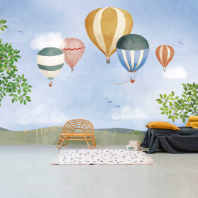 Papier peint panorama MONTGOLFIERES aquarelle - taille XL (rouleaux L + XL)