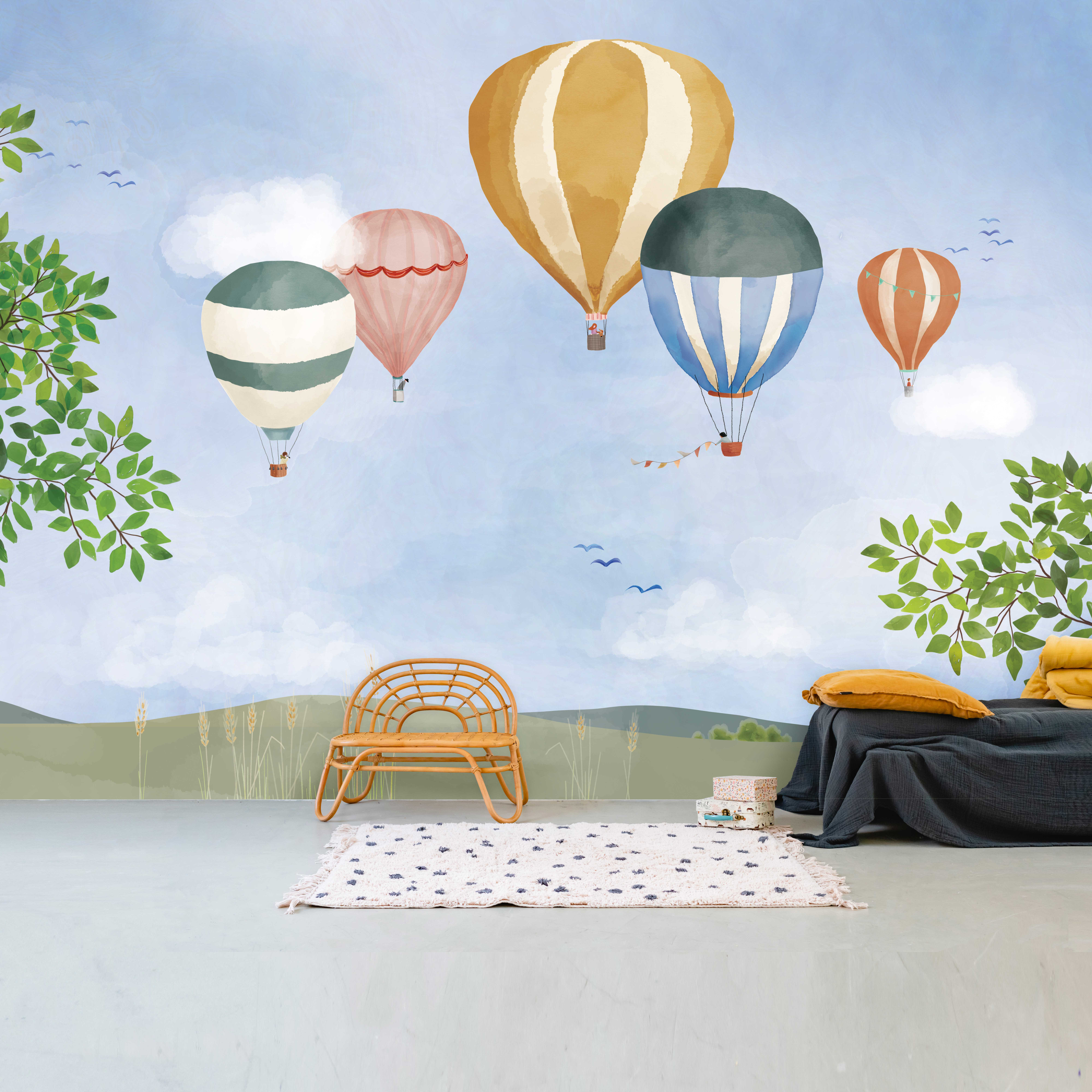 Panorama wallpaper HOT AIR BALLOONS aquarelle - size XL (rolls L + XL) -  Mimi'lou Shop